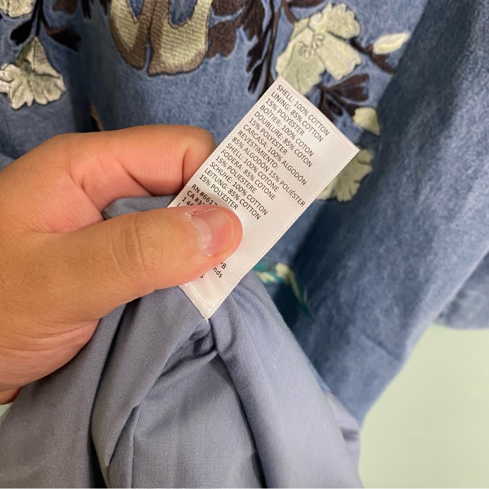 Free People Denim & Bone Buffalo Denim Duster Butterfly Floral Embroidered Sz‎ L - Picture 10 of 10